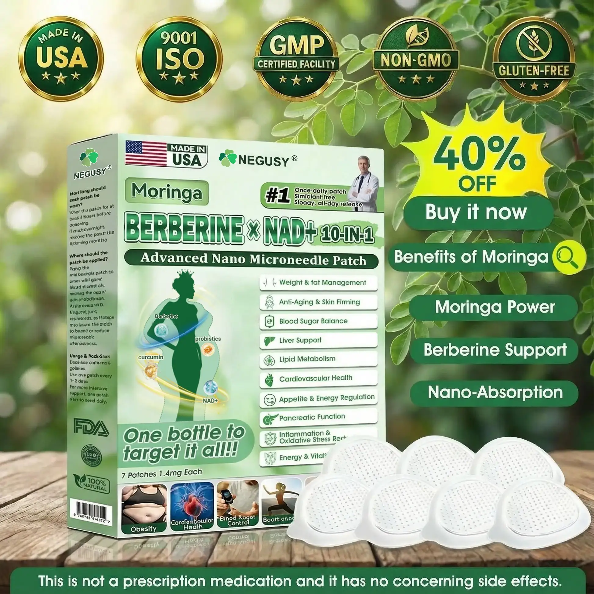 Moringa .Berberine x NAD+ 10-in-1 Advanced Nano Microneedle Patch