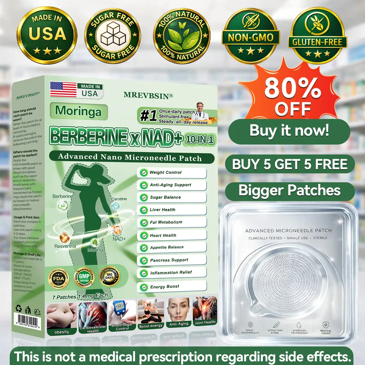 Moringa Berberine × NAD+ 10-in-1 Advanced Nano Microneedle Patch